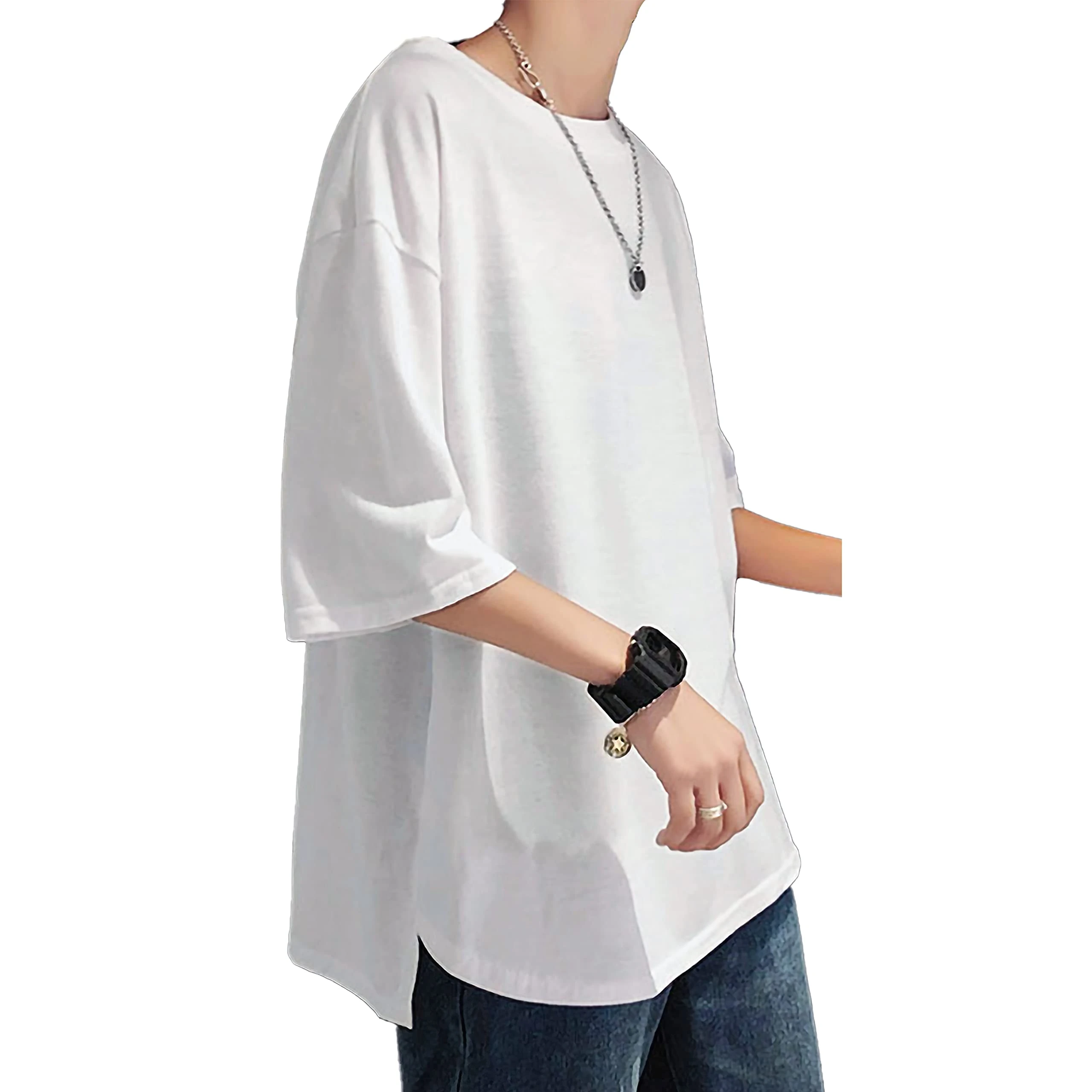 Áo thun nam, tay ngắn, tay dài, cỡ lớn, tay lỡ 3/4, màu trơn, cổ tròn