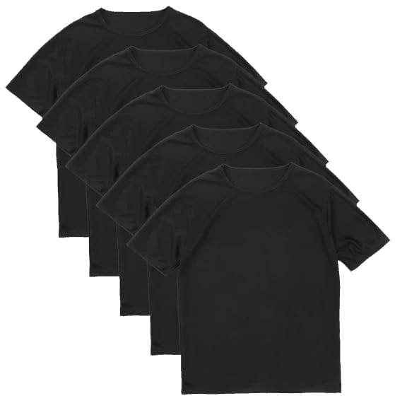 Bộ 5 áo thun nam nhanh khô, không có tag ở cổ, tay ngắn, trơn màu, chất liệu polyester thoáng mát, phù hợp mặc lót.
